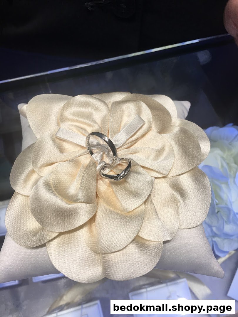 Two rings displayed on a decorative pillow in a jewelry case.