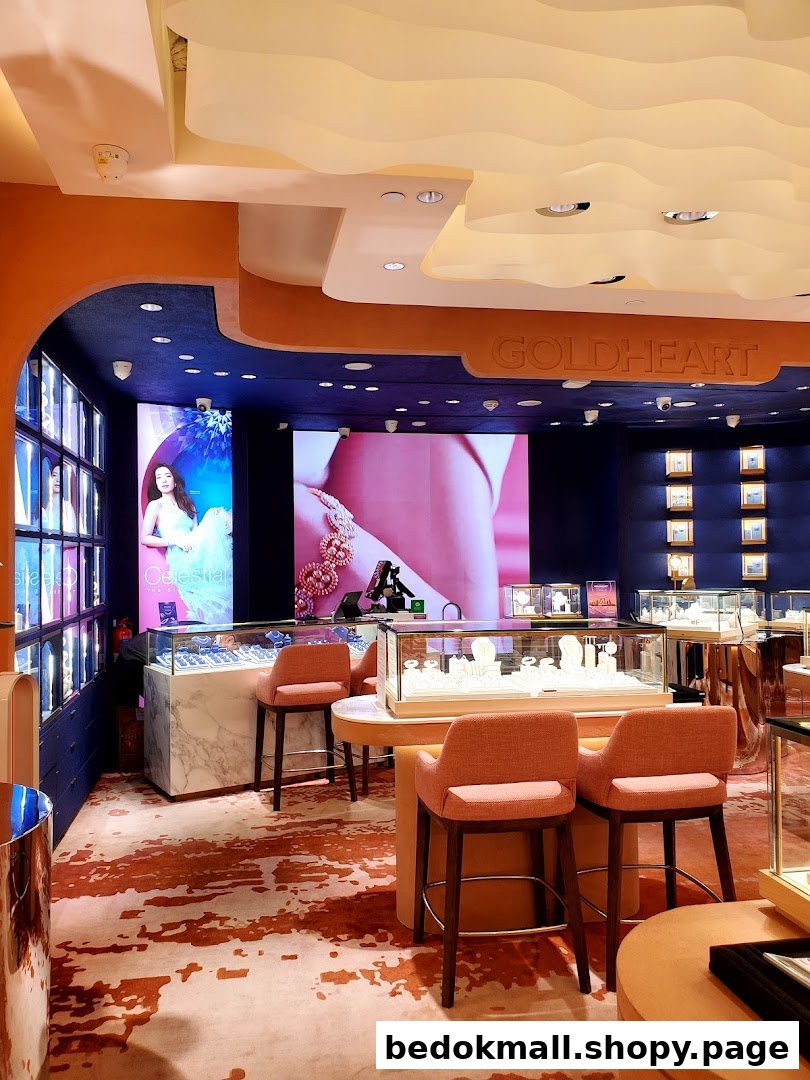 Interior view of a Goldheart Jewelry shop with displays, screens, and seating.
