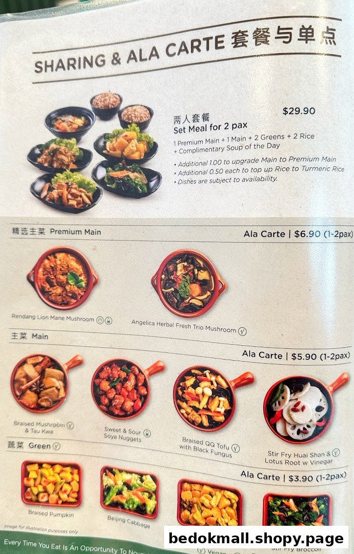 A restaurant menu displaying various food dishes, prices, and meal options.