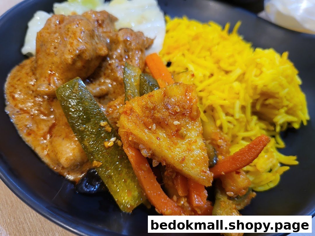 A plate of yellow rice, curry, and mixed vegetables.