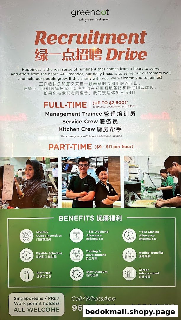 A recruitment poster for Greendot listing job openings and benefits.
