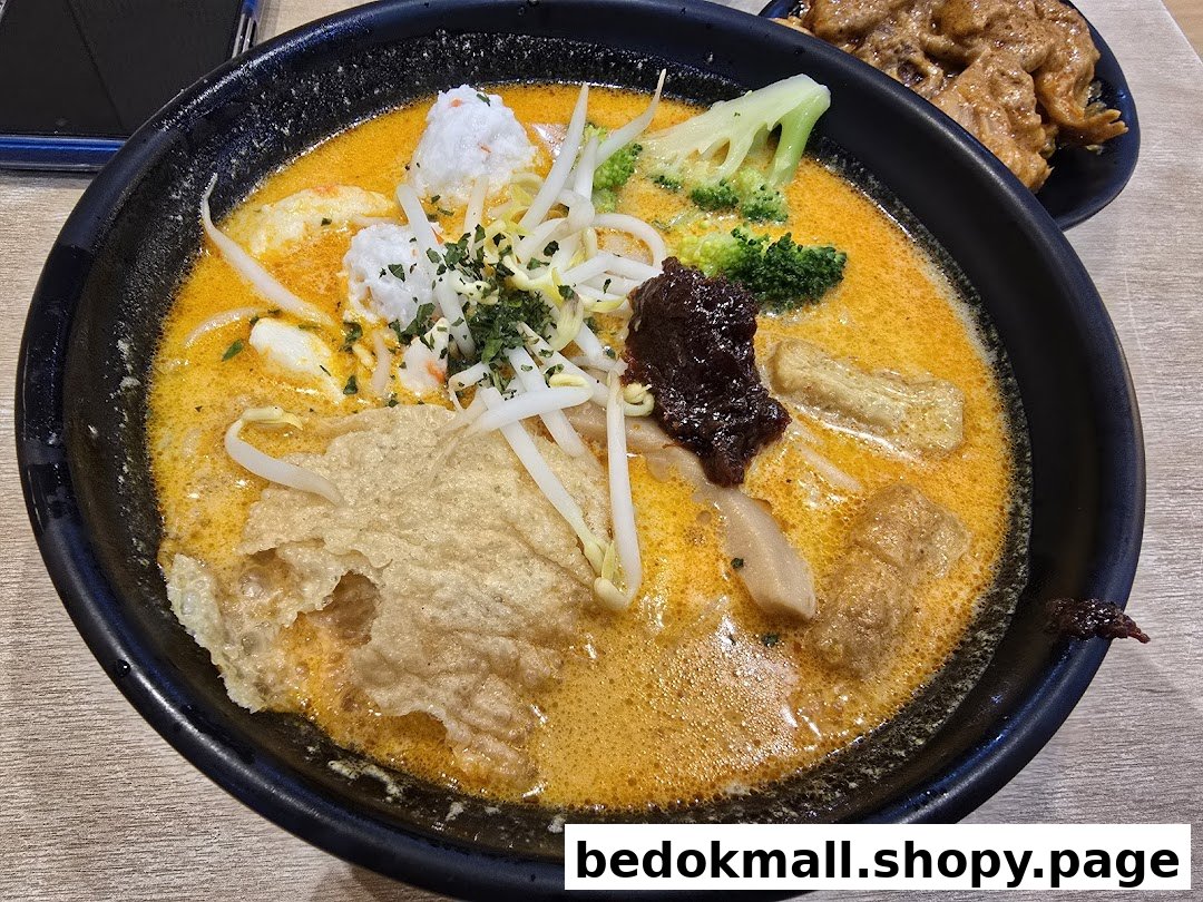 Close-up of a bowl of curry noodles with vegetables and tofu.