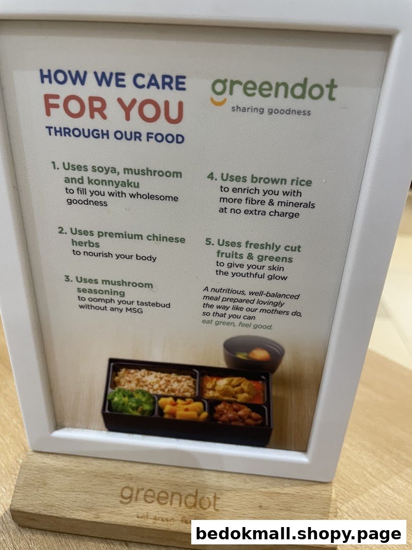 Informational display about Greendot's food philosophy with a meal image.