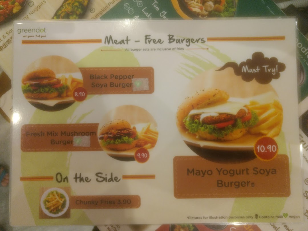A menu displaying meat-free burgers and fries with prices.
