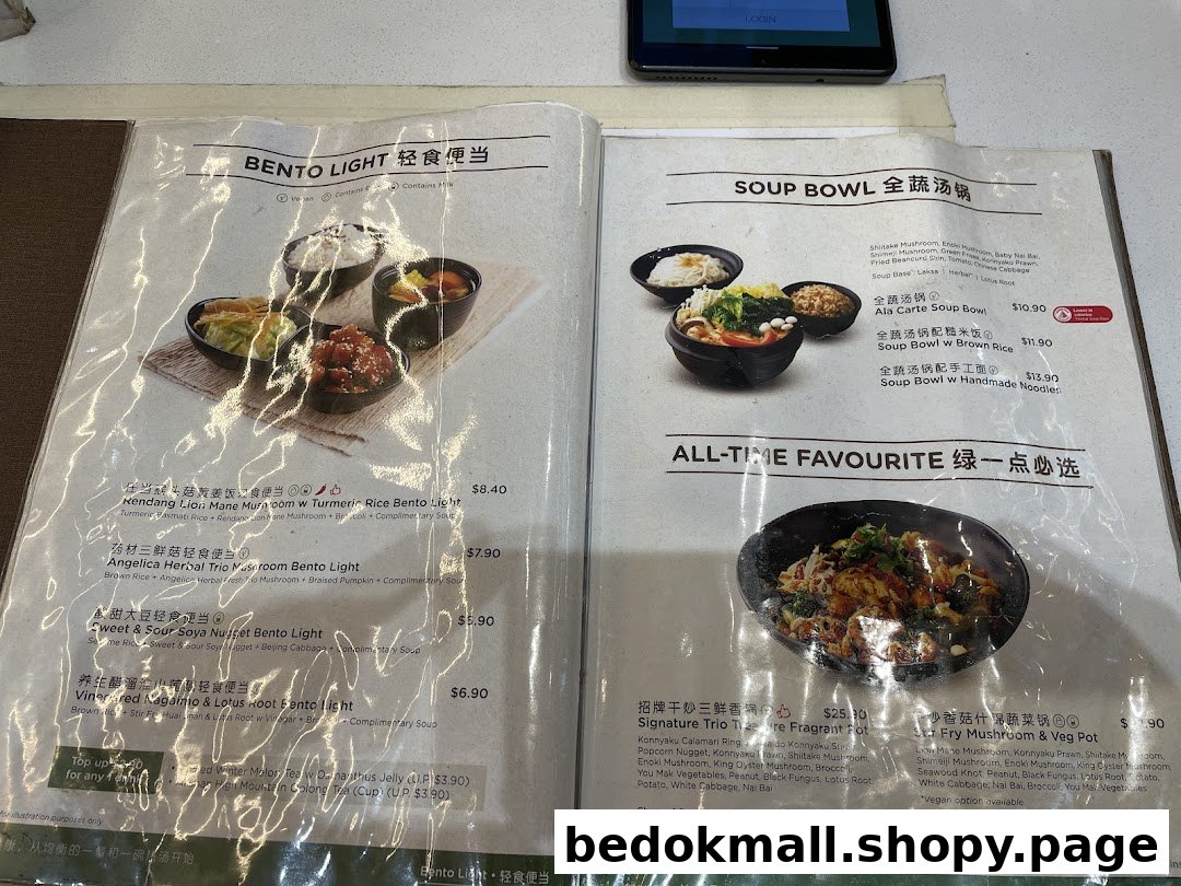 Laminated menu displaying various food items, descriptions, and prices.