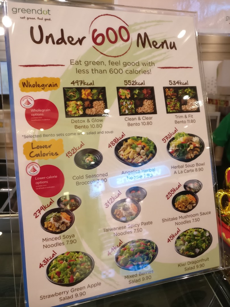 A menu board displaying various food items with calorie counts and prices.