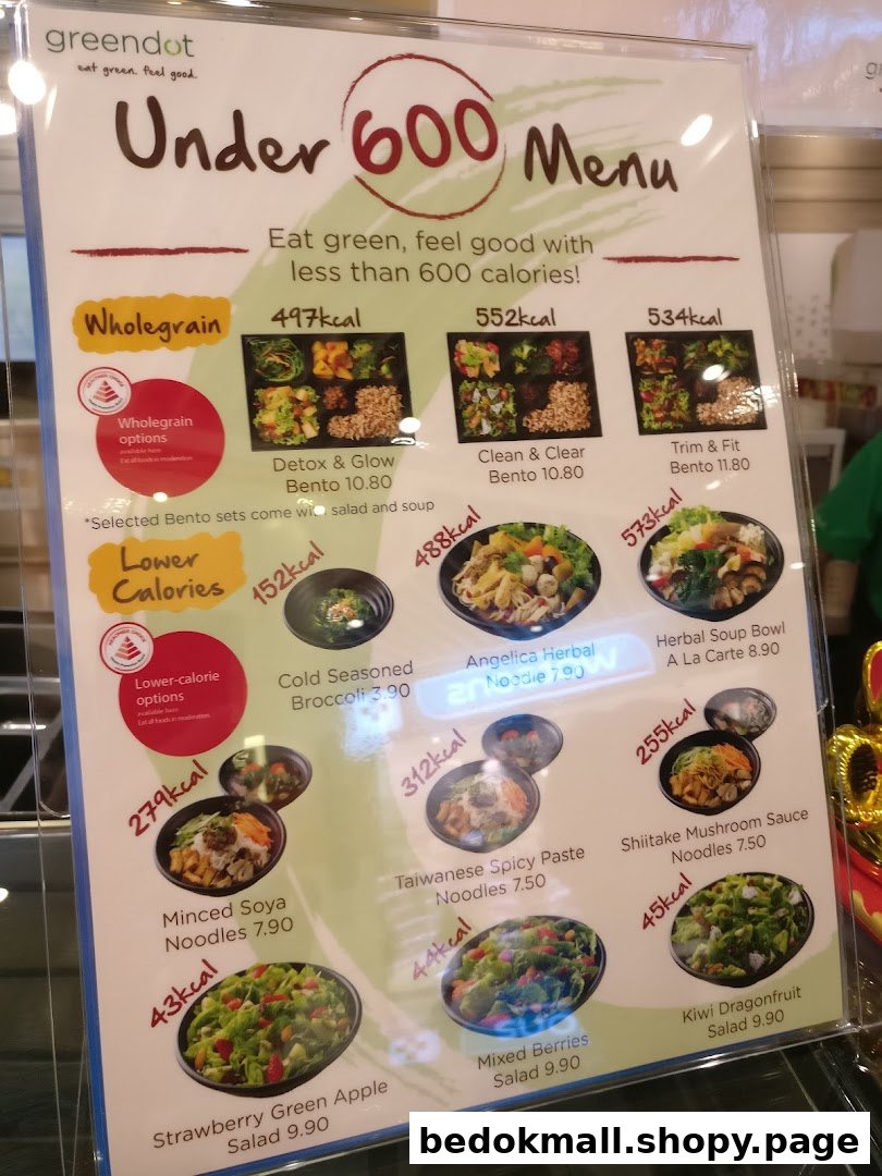 A menu board displaying various food items with calorie counts and prices.
