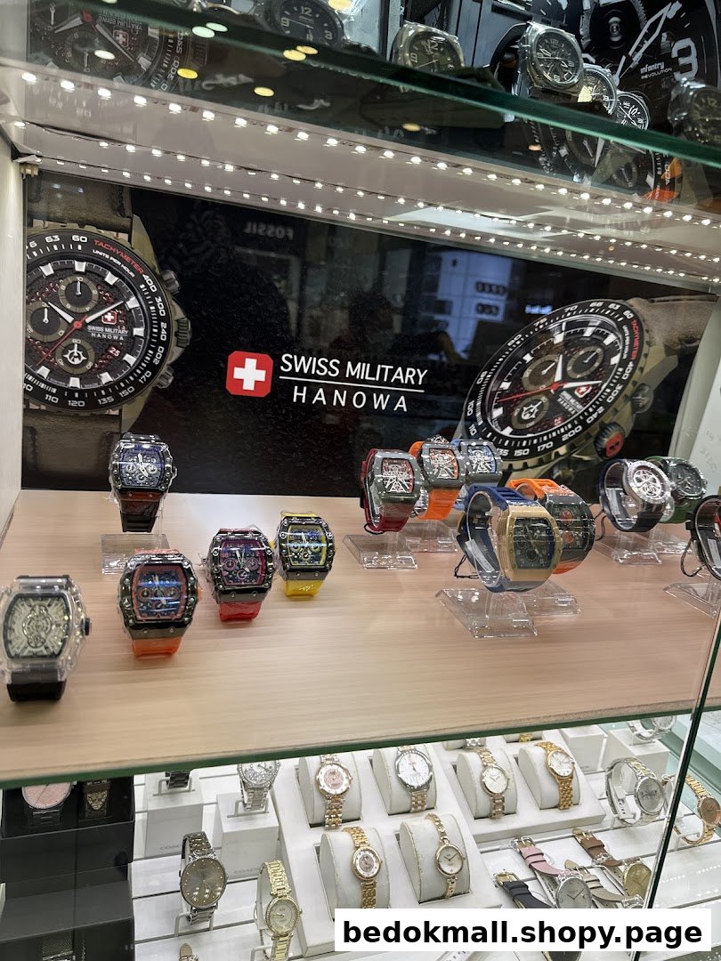 Display case filled with various watches, including Swiss Military Hanowa.