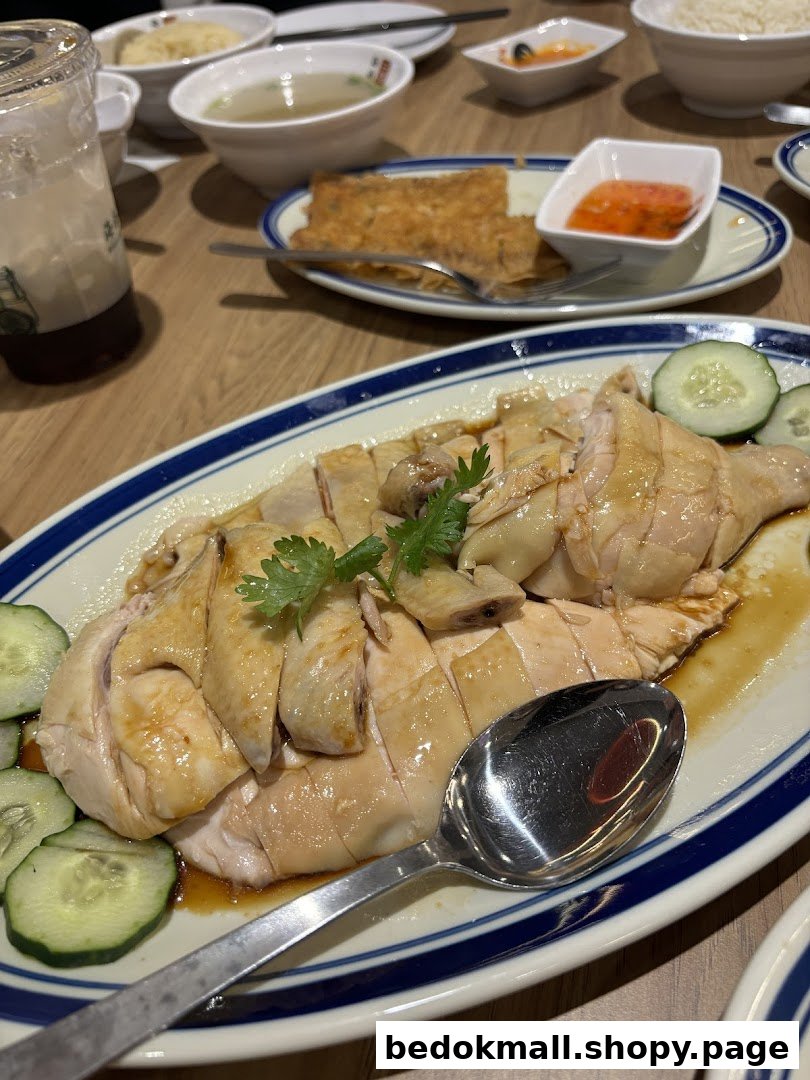 A plate of Hainanese chicken with other dishes on a wooden table.