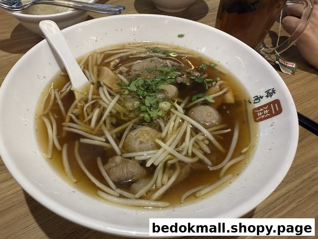 A close-up of a bowl of noodles with meat and sprouts in soup.