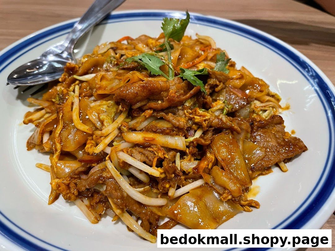 A close-up of a plate of stir-fried noodles with meat and vegetables.