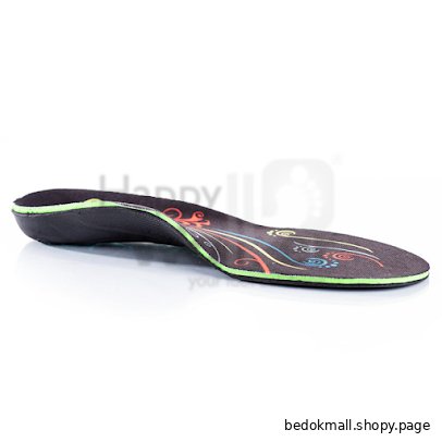 A black shoe insole with colorful designs and green trim.