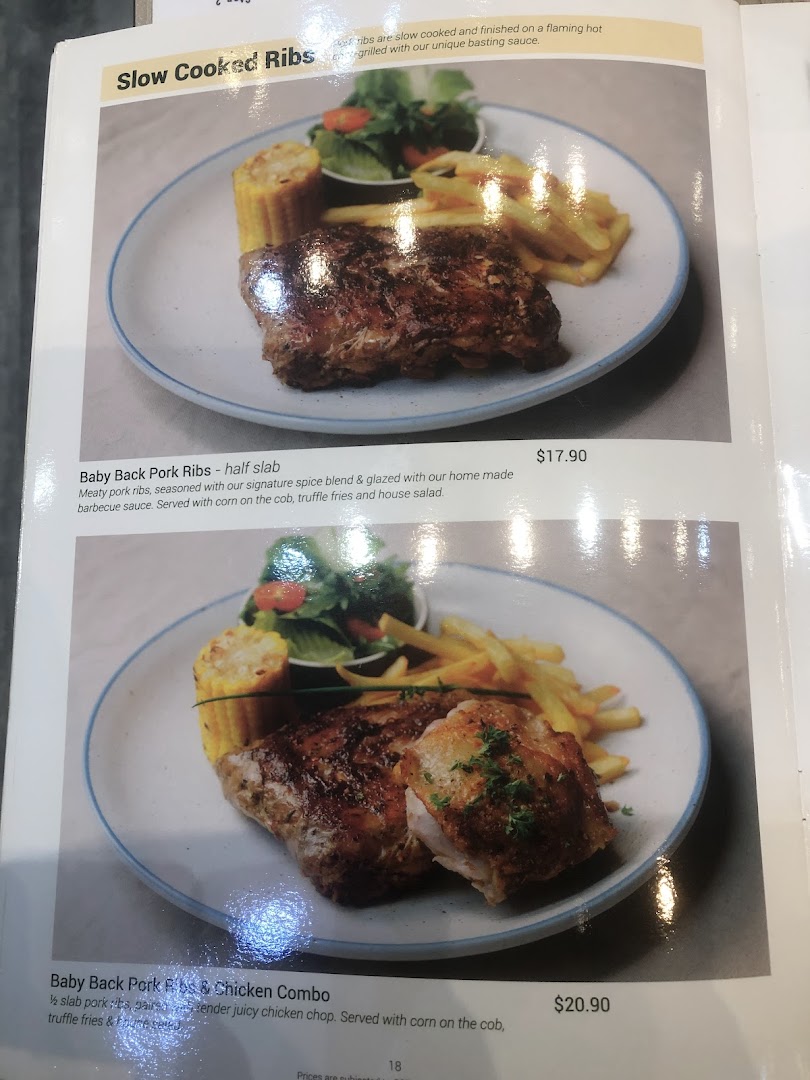 A menu page displaying rib and chicken dishes with prices.
