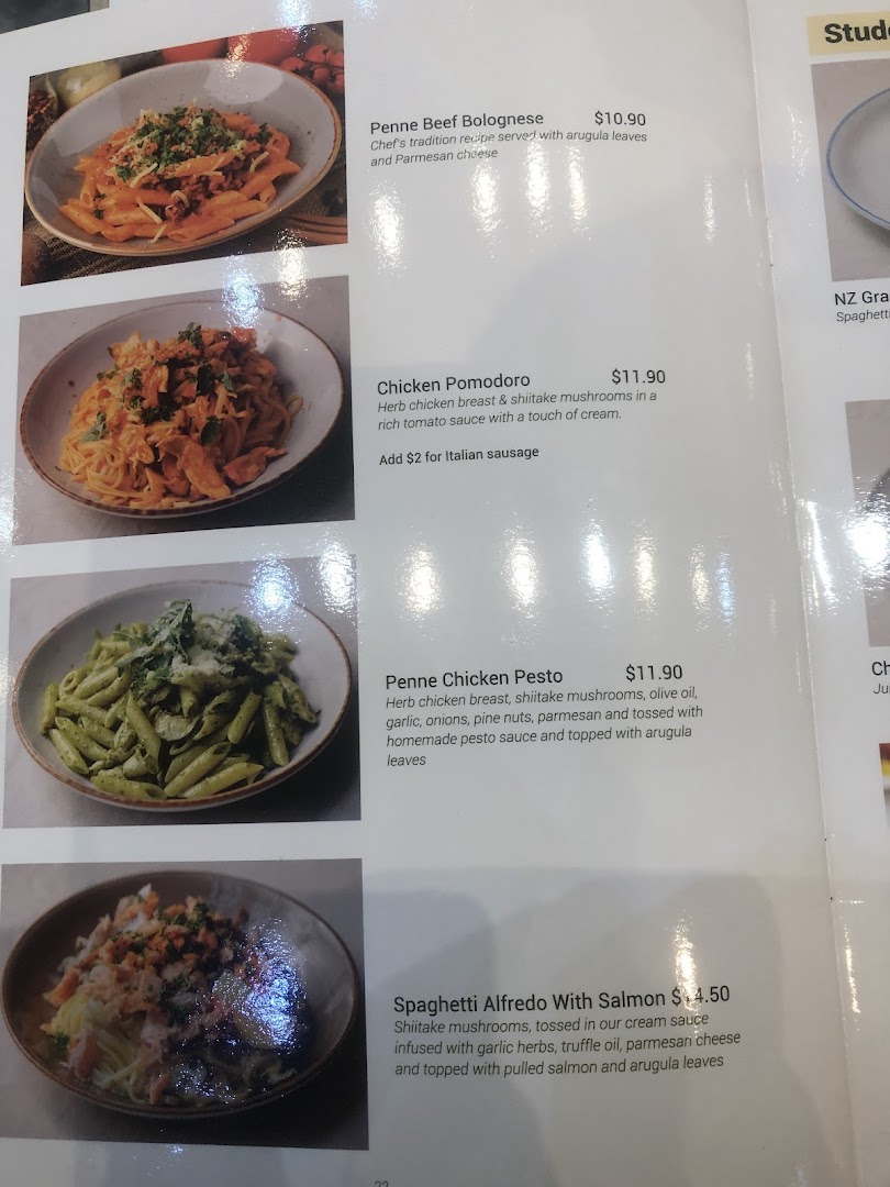 A menu displaying various pasta dishes with images, descriptions, and prices.