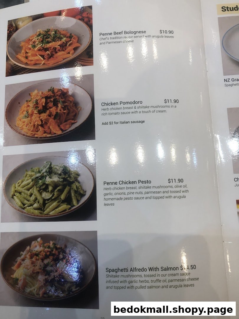 A menu displaying various pasta dishes with images, descriptions, and prices.