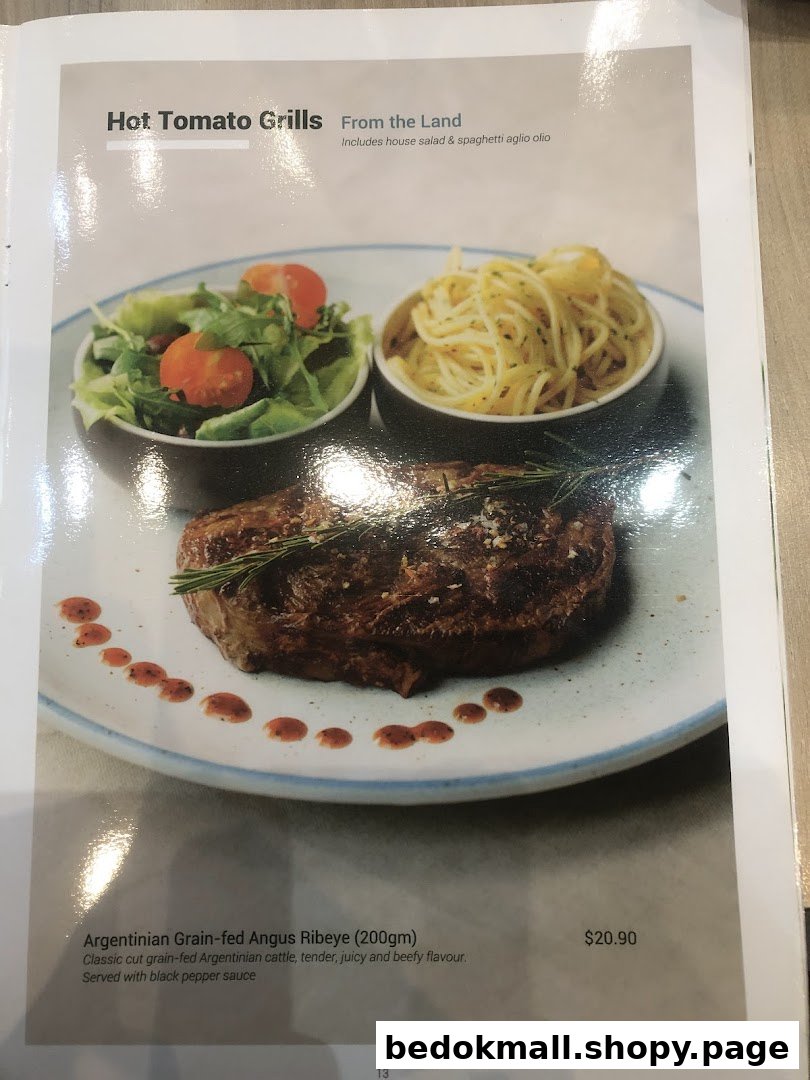 Menu page displaying a steak dish with salad and pasta.