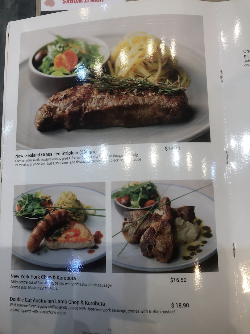 A menu page displaying various meat dishes with descriptions and prices.