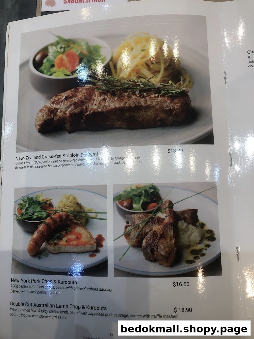 A menu page displaying various meat dishes with descriptions and prices.
