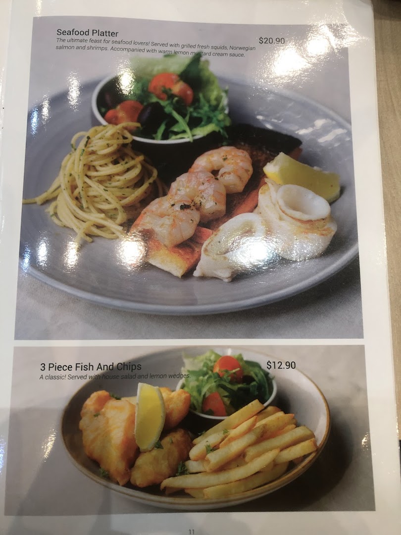 Image shows two menu items: Seafood Platter and Fish and Chips with prices.