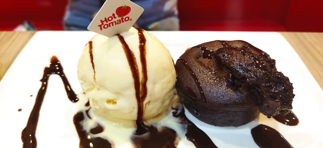 A dessert plate with vanilla ice cream, chocolate lava cake, and chocolate syrup.