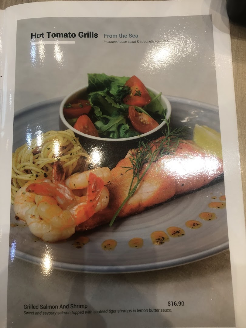 A menu page displaying grilled salmon and shrimp with price and description.