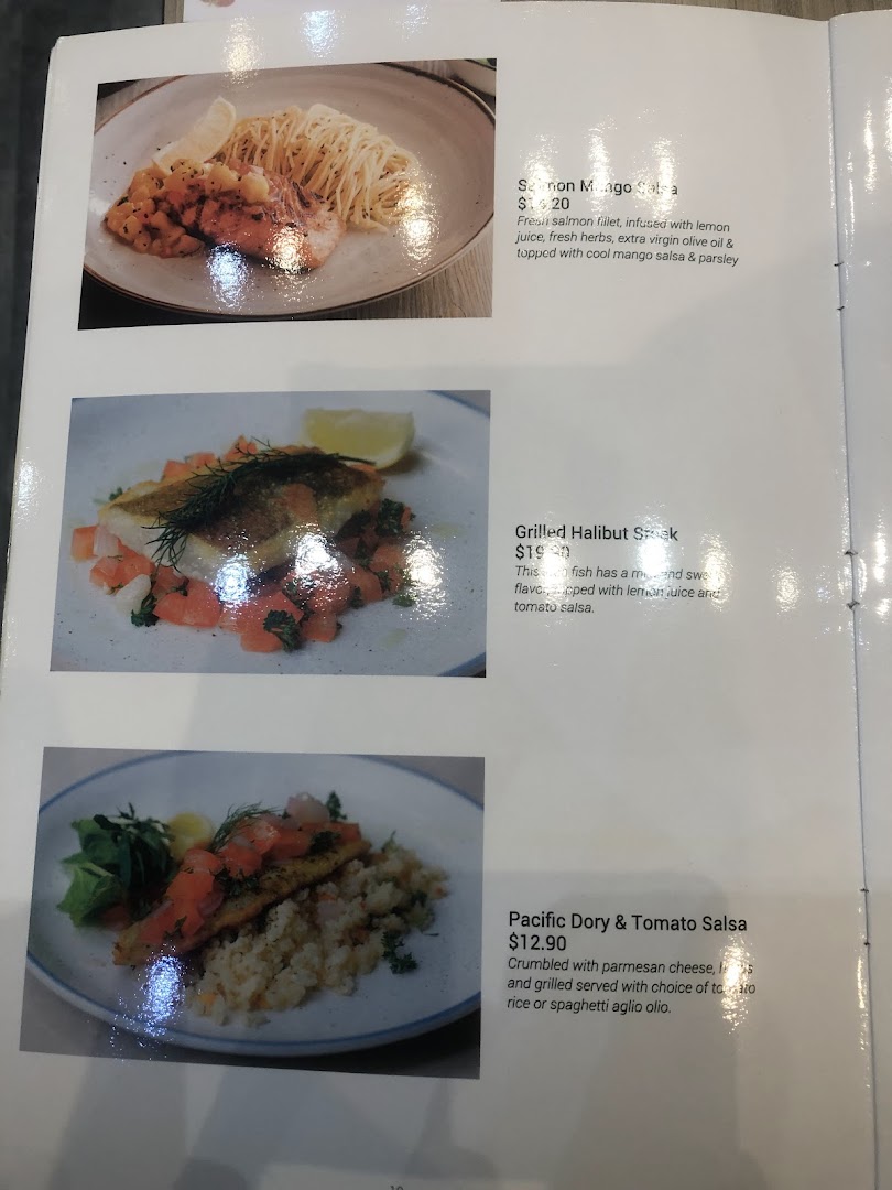 A menu page displaying various food dishes with descriptions and prices.