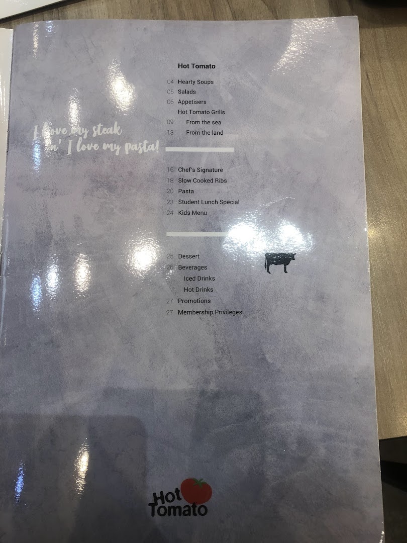 A menu page from Hot Tomato Bistro, displaying various food and drink categories.