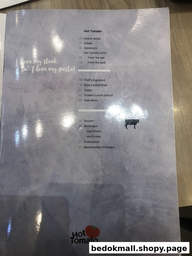 A menu page from Hot Tomato Bistro, displaying various food and drink categories.