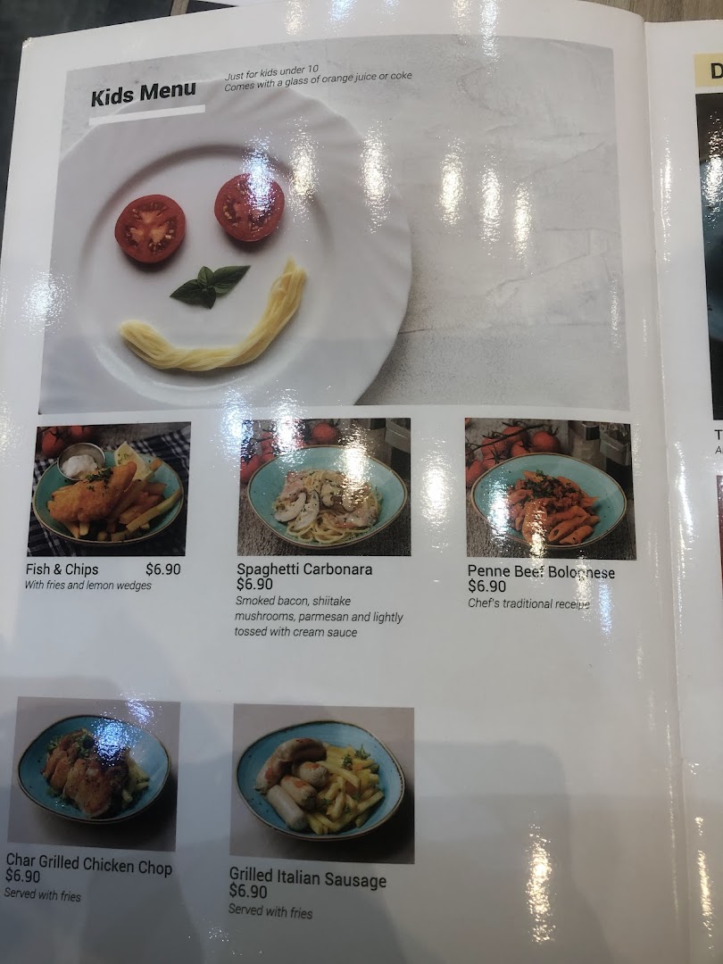 A vibrant kids' menu from Hot Tomato Bistro, featuring various meal options with prices.