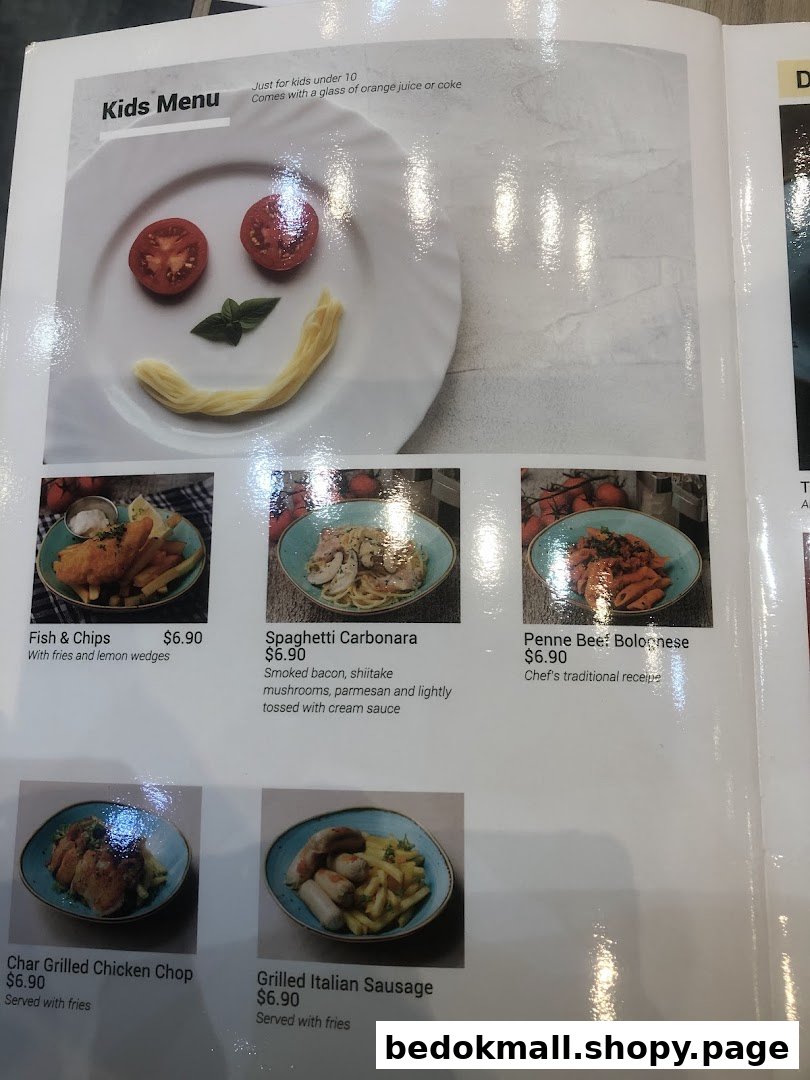 A vibrant kids' menu from Hot Tomato Bistro, featuring various meal options with prices.