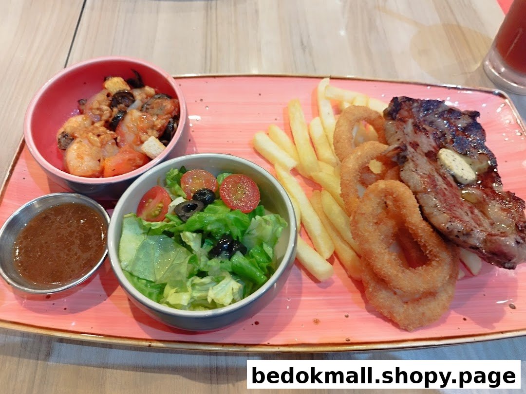 A plate with steak, fries, onion rings, salad, and seafood.