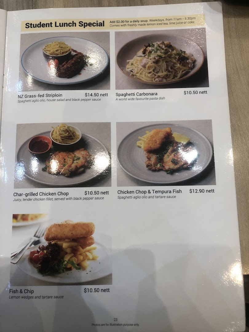 A menu page displaying various lunch dishes with photos and prices.