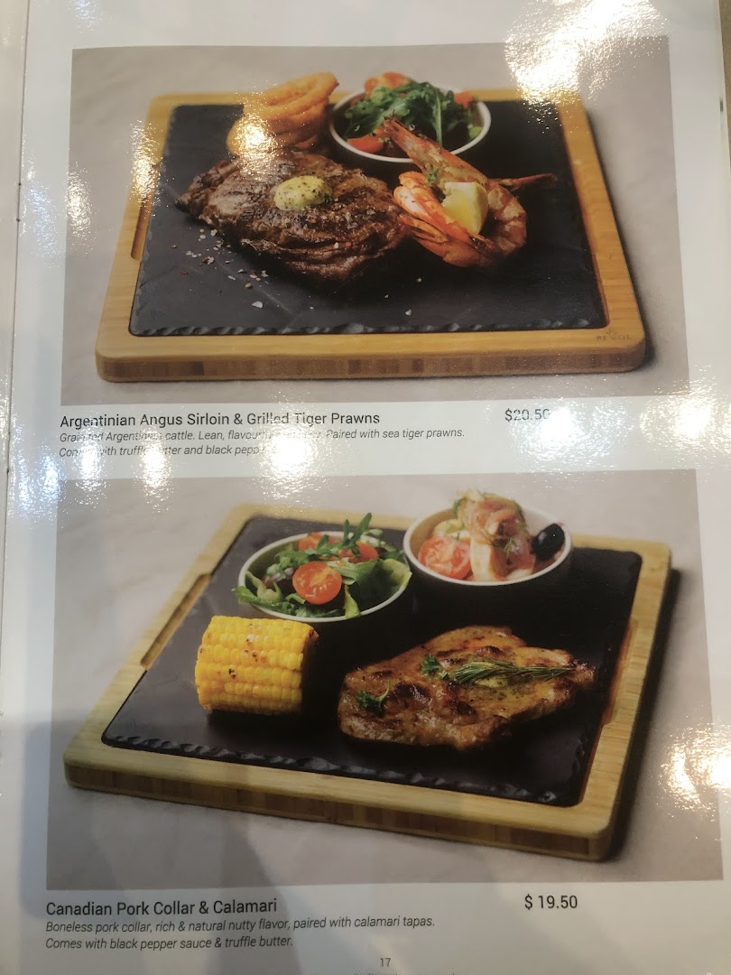 Two plated meals with descriptions and prices from a restaurant menu.