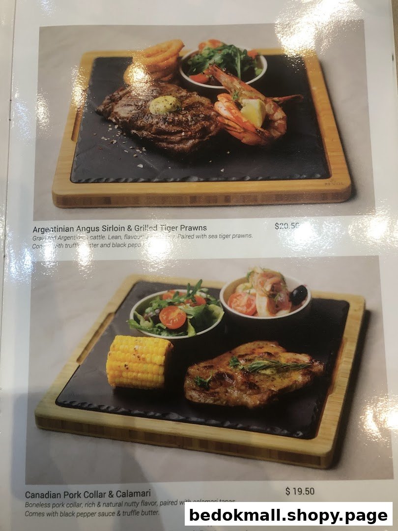 Two plated meals with descriptions and prices from a restaurant menu.