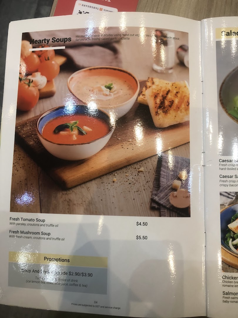 A menu page displaying hearty soups, prices, and promotions with food images.