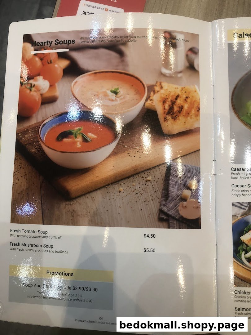 A menu page displaying hearty soups, prices, and promotions with food images.