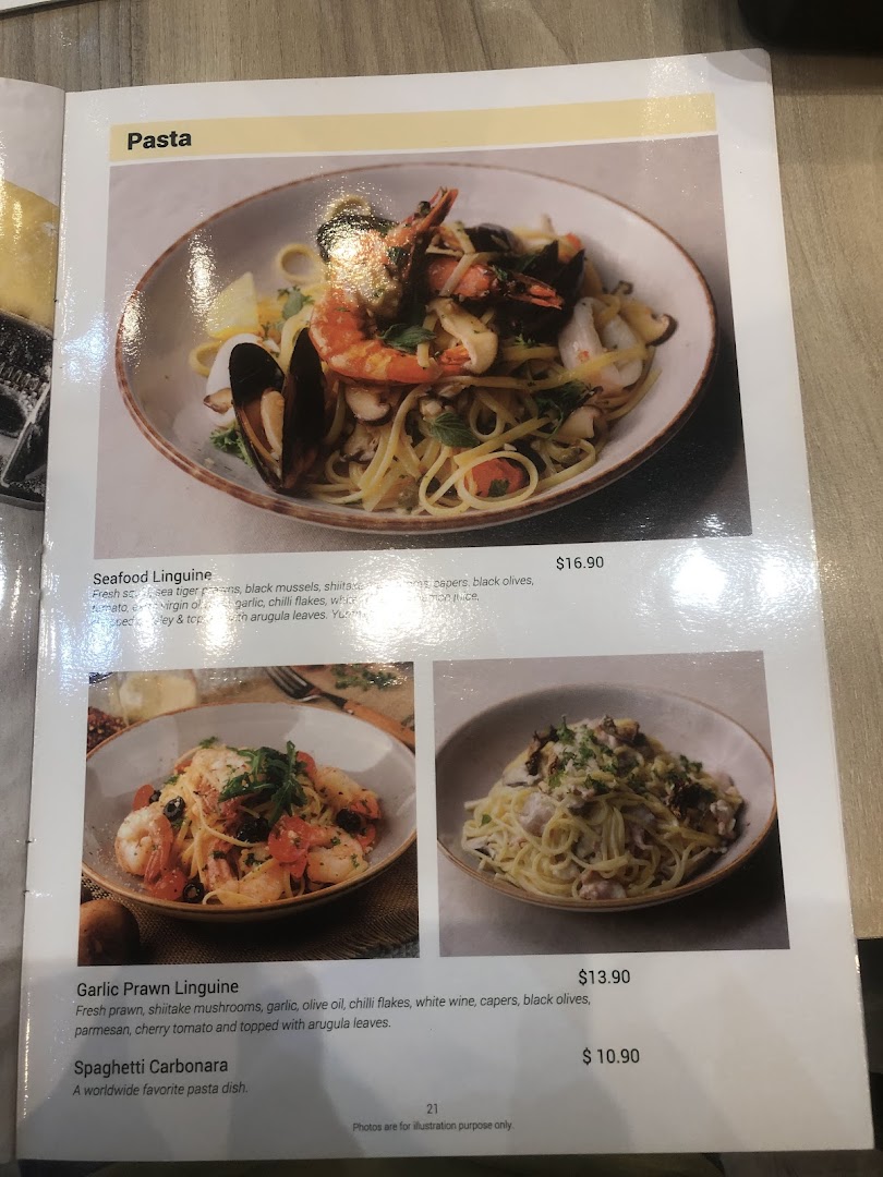 A menu page displaying various pasta dishes with prices.