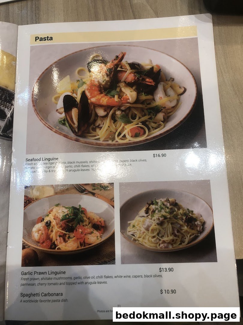 A menu page displaying various pasta dishes with prices.
