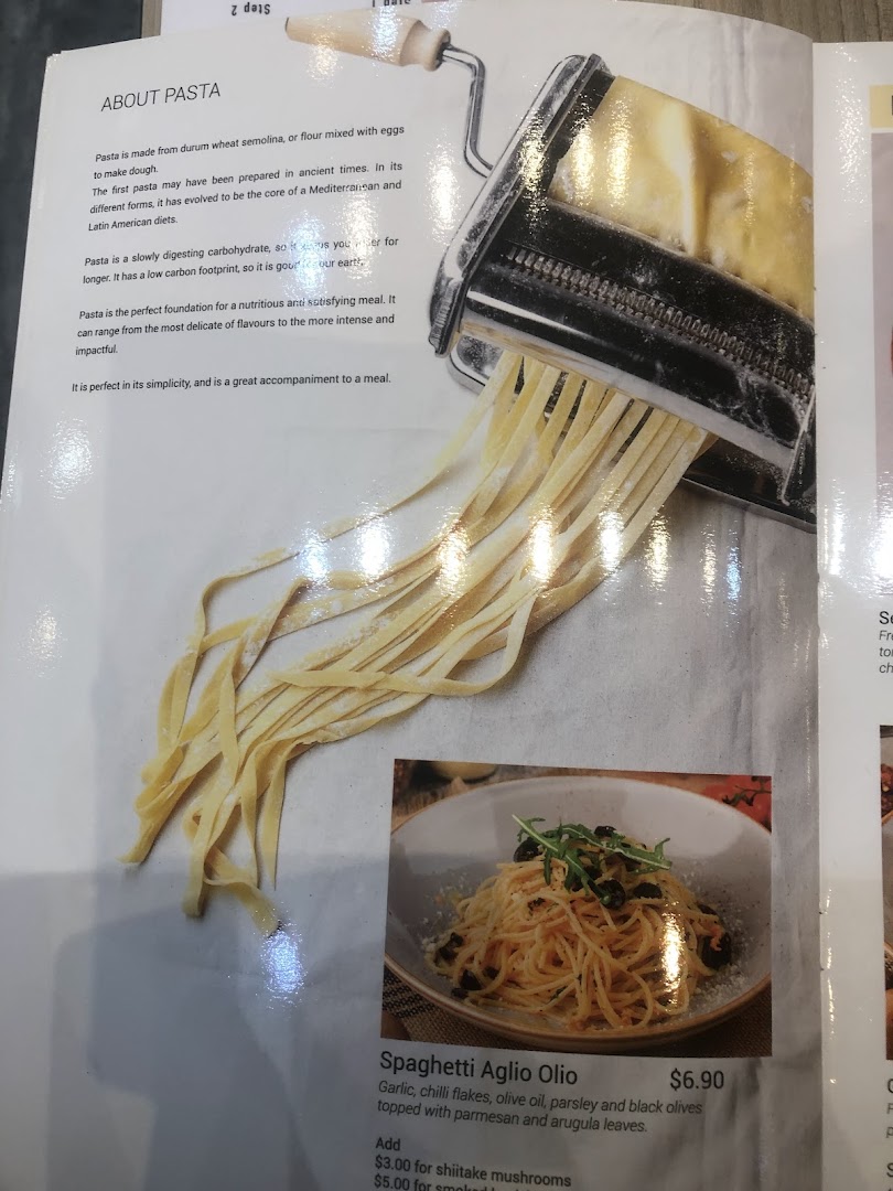 Menu page showing pasta information, a pasta maker, and Spaghetti Aglio Olio dish.
