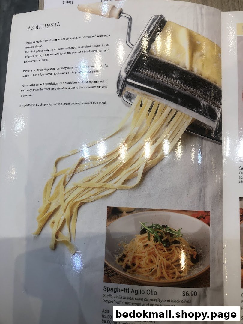 Menu page showing pasta information, a pasta maker, and Spaghetti Aglio Olio dish.