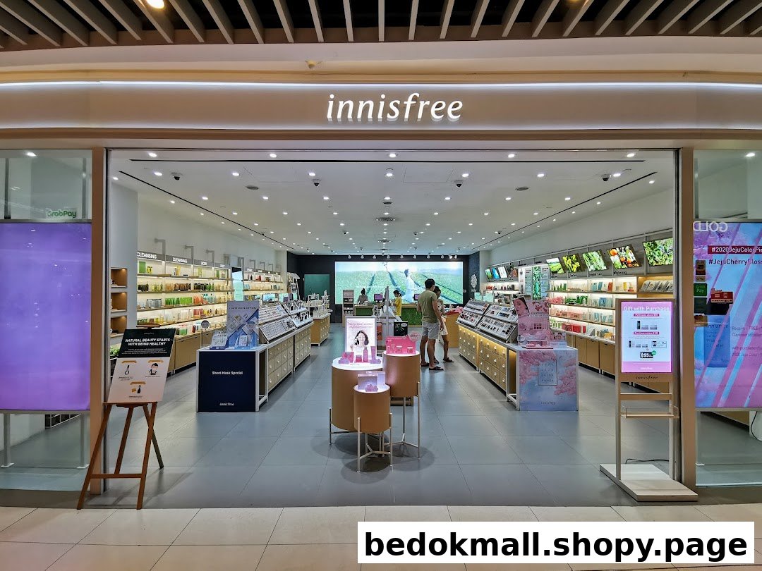 The entrance of an Innisfree beauty store with products displayed inside.