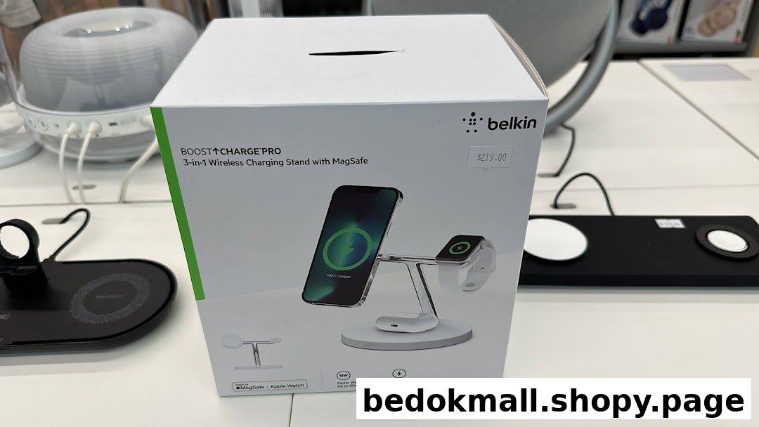 A white product box for a Belkin wireless charger is displayed on a table.