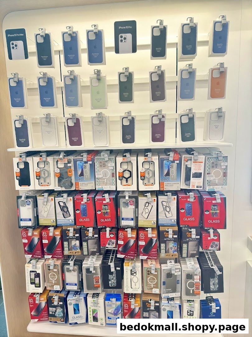 A retail display wall showcasing various iPhone cases and accessories.