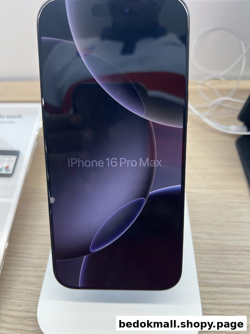 Close-up of an iPhone 16 Pro Max on a display stand in a store.