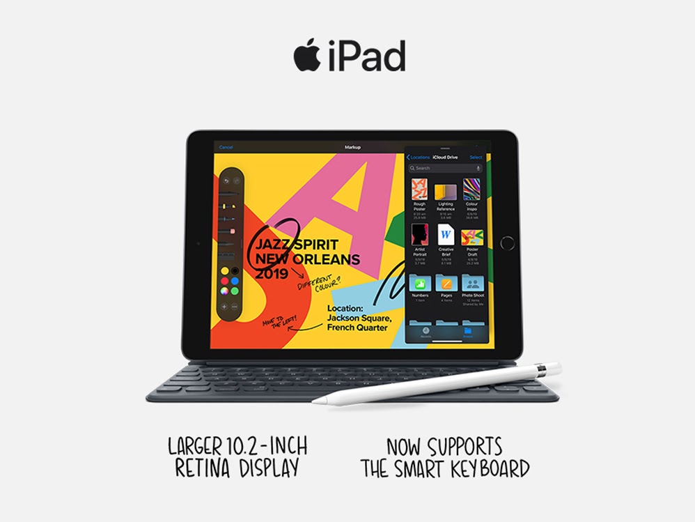 An iPad with a Smart Keyboard and Apple Pencil, showcasing features.