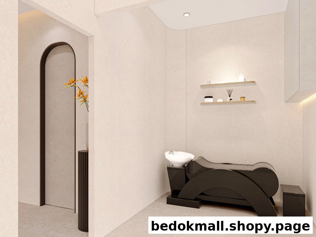 Interior of a hair salon with a black washing station and shelves.