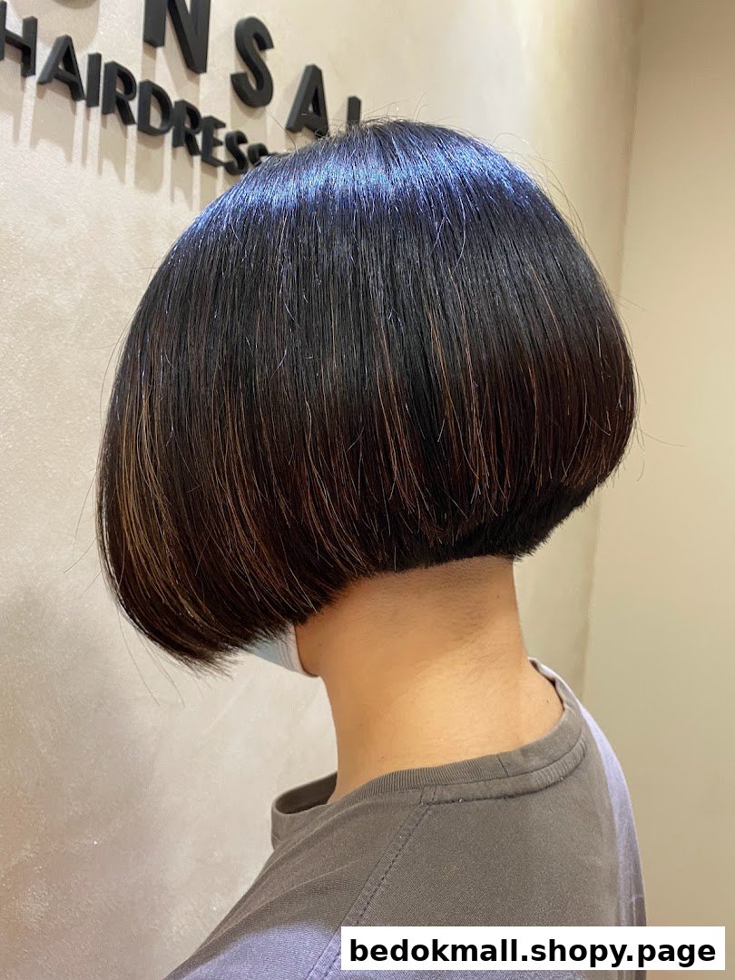Back view of a person with a short, dark bob haircut.