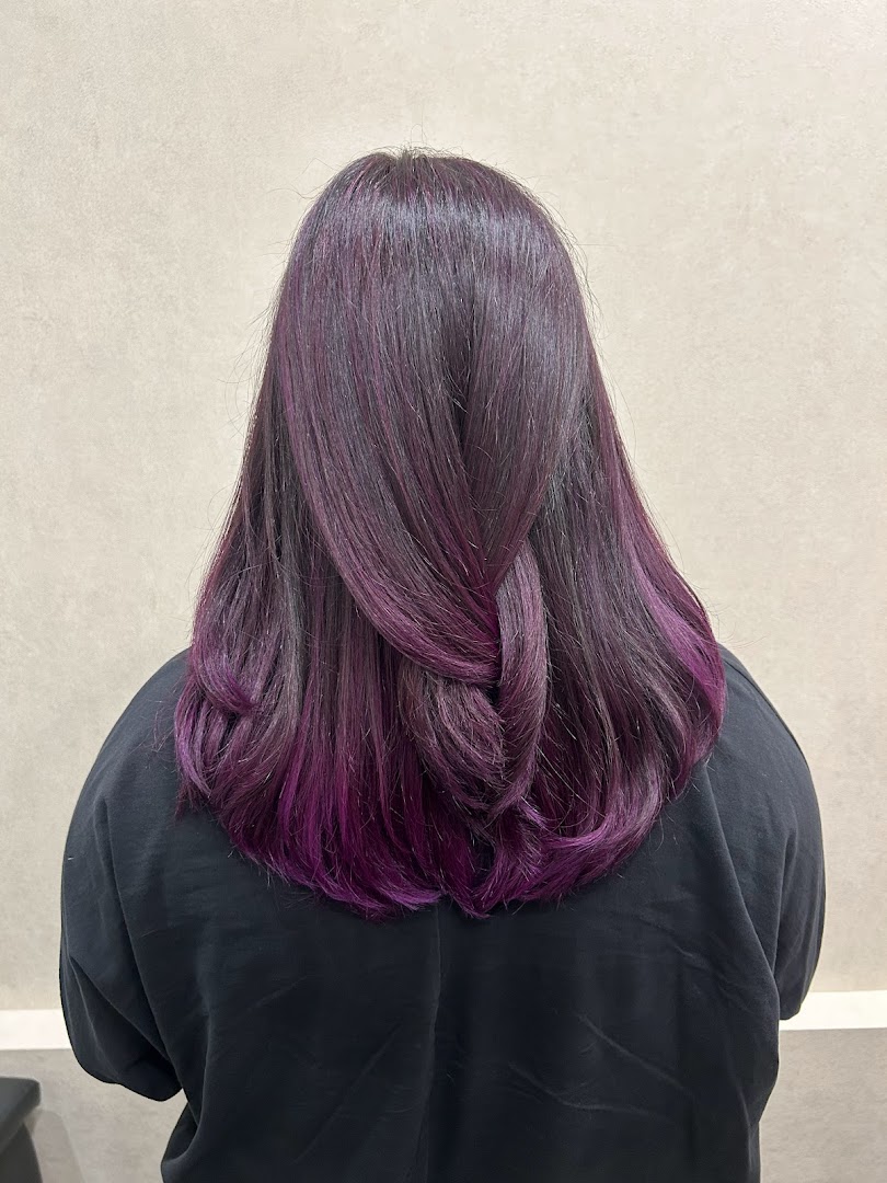 Back of person with long dark hair featuring purple highlights and a loose braid.