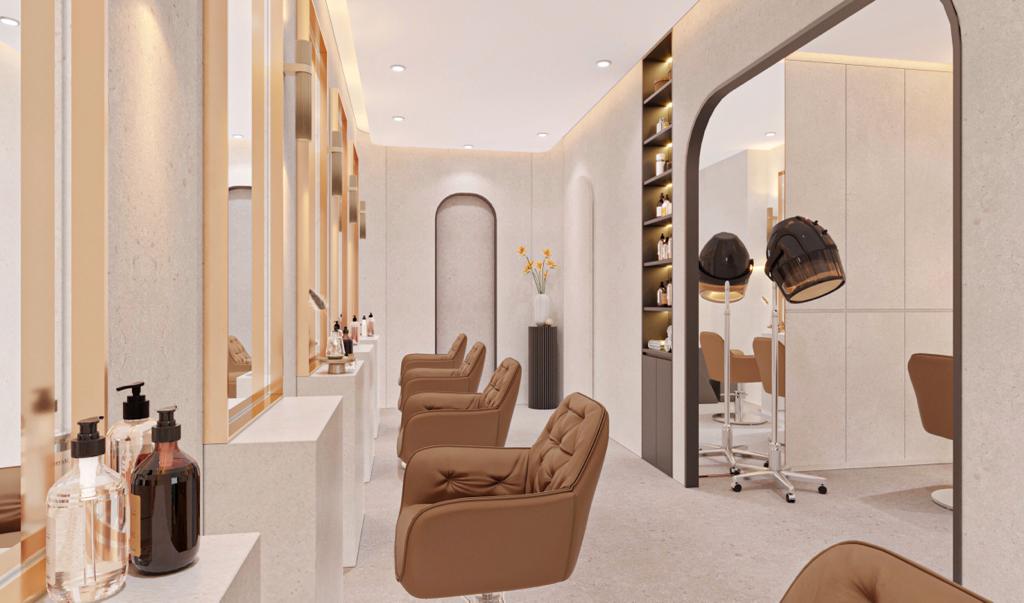 Modern salon interior with styling chairs, mirrors, and hair products.