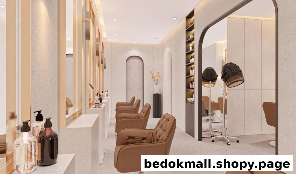 Modern salon interior with styling chairs, mirrors, and hair products.